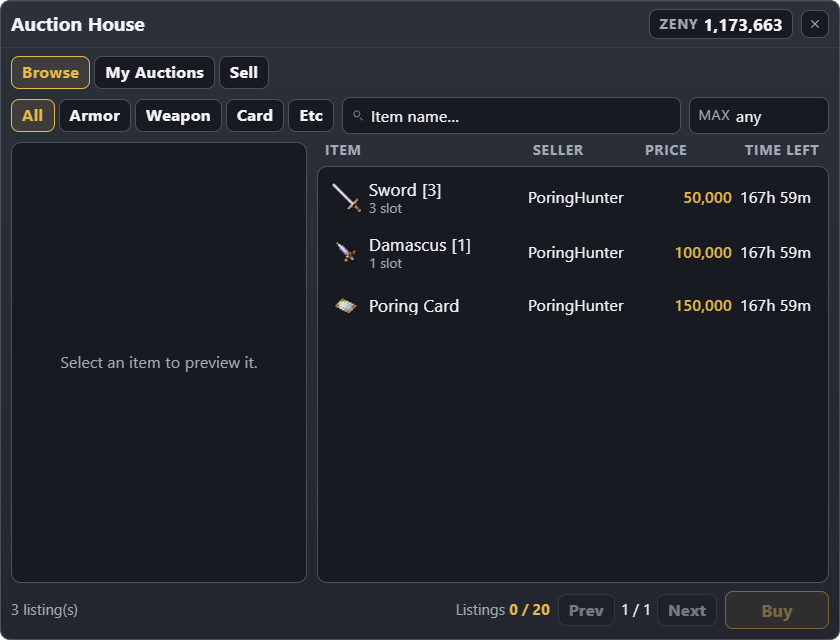 The Auction House browse tab