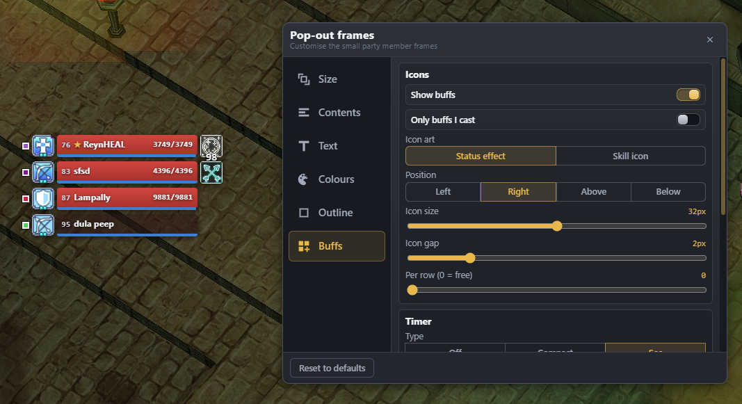 Pop-out party frames with the customisation window open