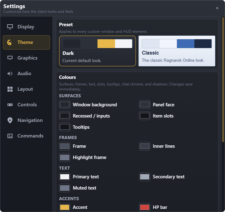 Settings: theme presets and colours